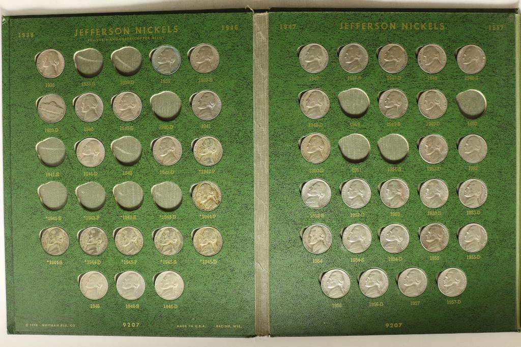 1938-1965 JEFFERSON NICKELS ALBUM (57 COINS): INCLUDING: 7-35% SILVER JEFFERSON WAR NICKELS AND THE 1950-D KEY DATE IN WHITMAN DELUXE ALBUM