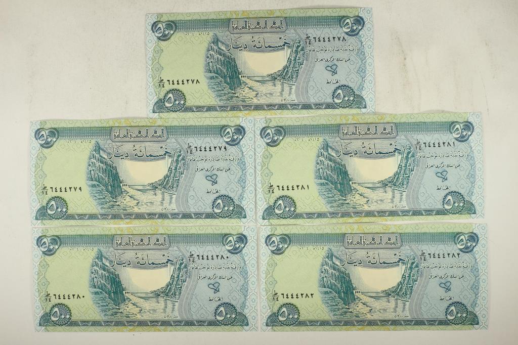 5 PIECES OF CRISP UNC IRAQ 500 DINARS: WATCH FOR OUR NEXT AUCTION ON MONDAY AUGUST 2ND, 2021 AT 7 PM EDT