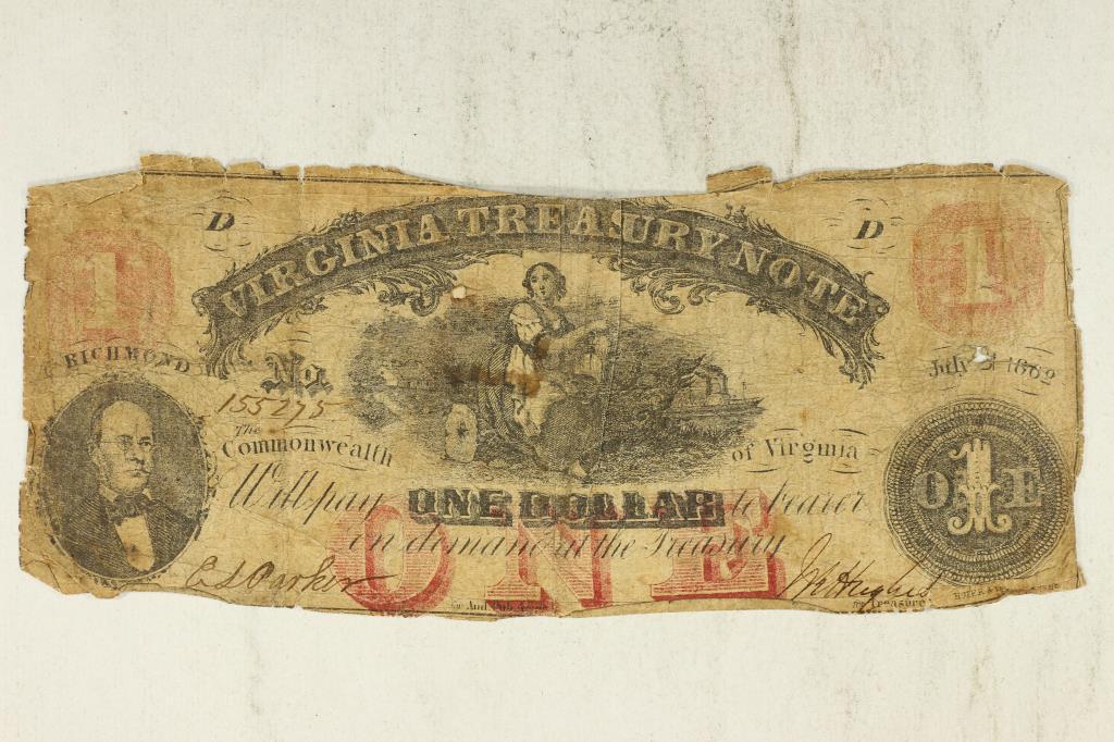 1862 $1 VIRGINIA TREASURY NOTE AS SHOWN (1 of 2)