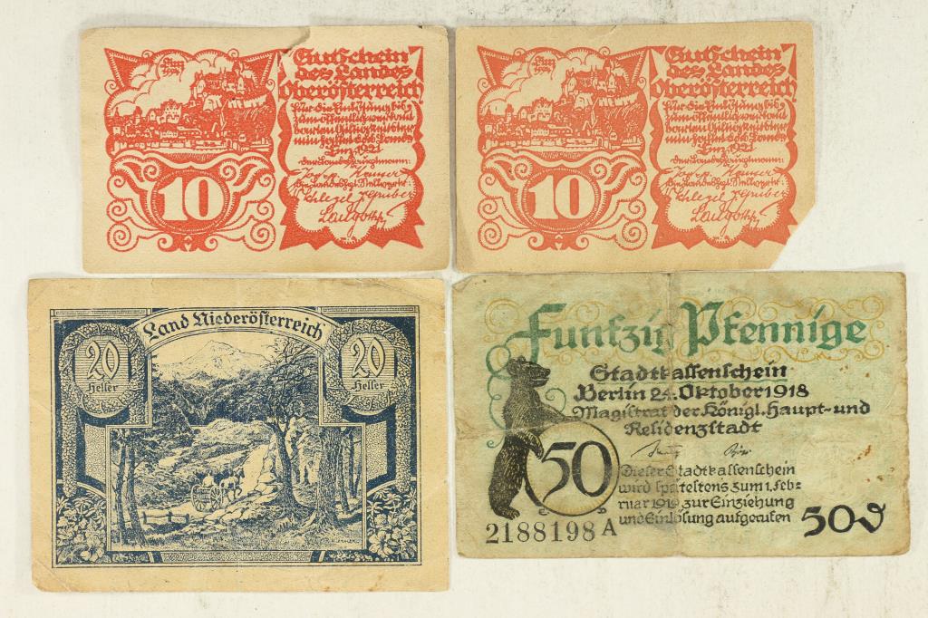 4 PIECES OF VINTAGE NOTGELDS 2-10'S, 1-20 & 1-50: WATCH FOR OUR NEXT AUCTION ON MONDAY AUGUST 2ND, 2021 AT 7 PM EDT