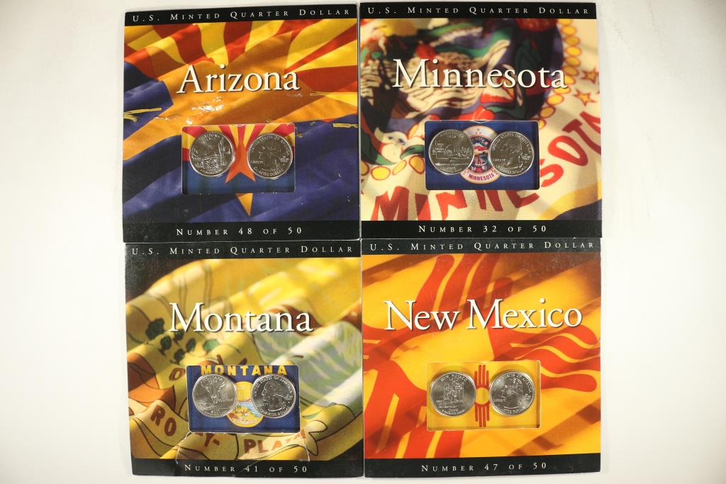 4-P & D STATE QUARTER SETS BRILLIANT UNC ON INFO: CARDS: 2008 ARIZONA, 2005 MINNESOTA, 2007 MONTANA AND 2008 NEW MEXICO