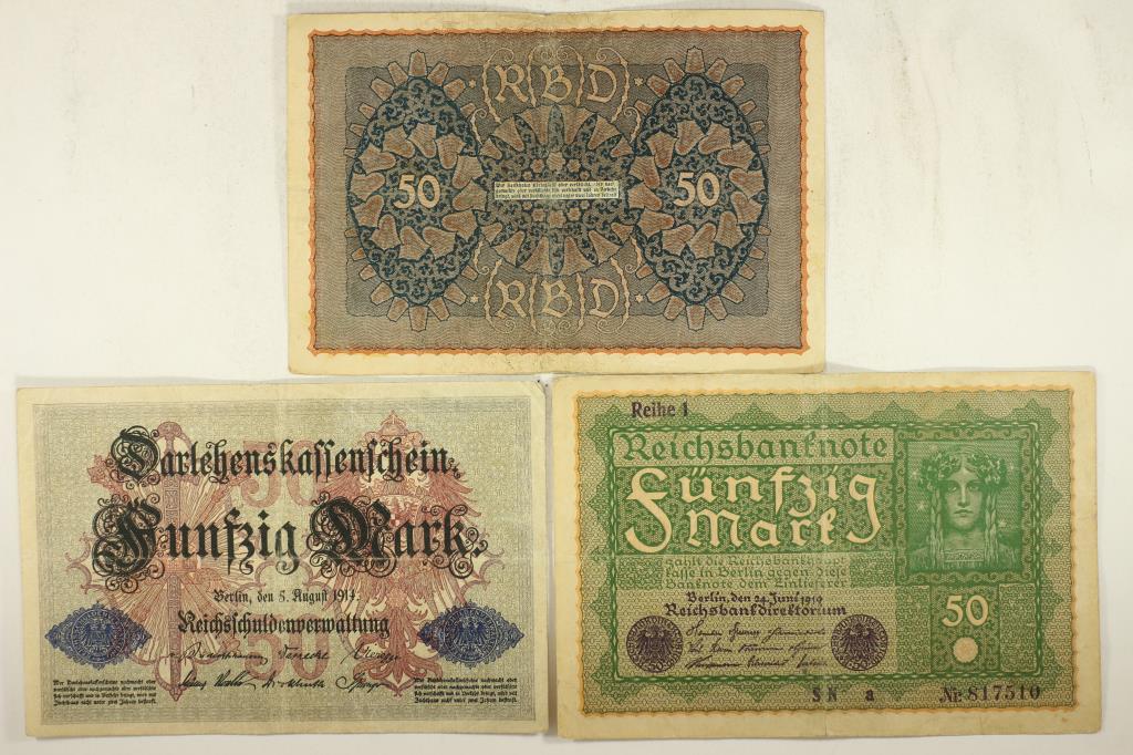 3 PIECES OF GERMAN CURRENCY 1914-50 MARKS & 2- (1 of 2)
