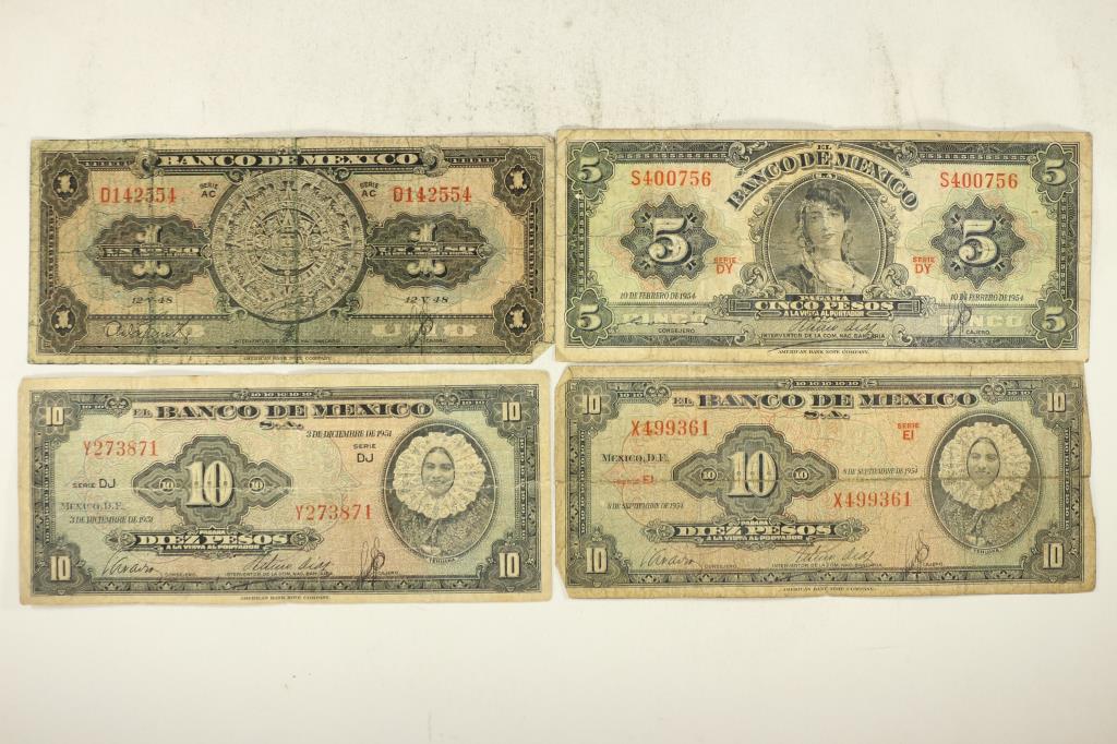 4 PIECES OF MEXICO CURRENCY 1948-1 PESOS,: 1954-5 PESO, 1951-10 PESOS AND 1954-10 PESOS