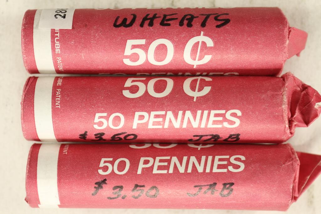 3-50 CENT ROLLS OF LINCOLN WHEAT CENTS 40'S & 50'S: PLEASE WATCH FOR OUR NEXT AUCTION ON MONDAY AUGUST 30TH, 2021.