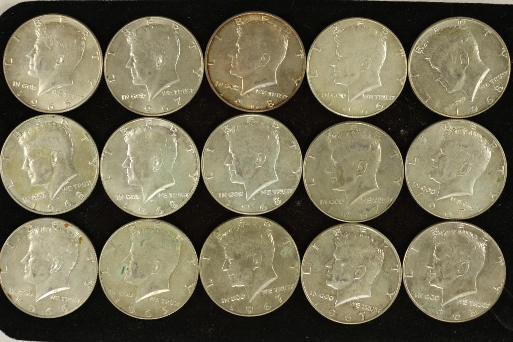 15 ASSORTED 1965-1968  40% SILVER KENNEDY HALVES (1 of 2)