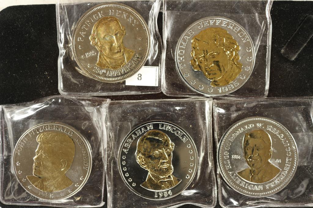 5 ASSORTED GOLD ENHANCED DOUBLE EAGLES: PATRICK HENRY, THOMAS JEFFERSON, JOHN F. KENNEDY, ABRAHAM LINCOLN AND RONALD REAGAN, PROOF'S