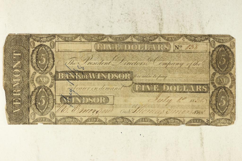 1834 BANK OF WINDSOR $5 OBSOLETE BANK NOTE: HAND SIGNED AND NUMBERED