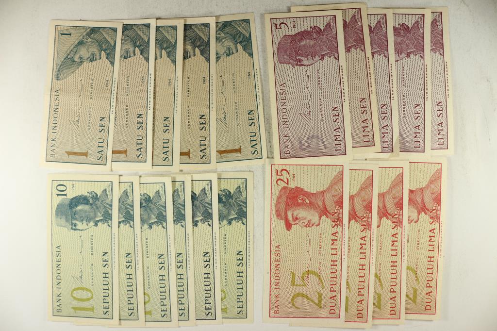 20-PIECES OF MOSTLY CU INDONESIA BILLS 5-1964-: 1 SEN, 5-1964-5 SEN, 6-1964-10 SEN AND 4-1964-25 SEN