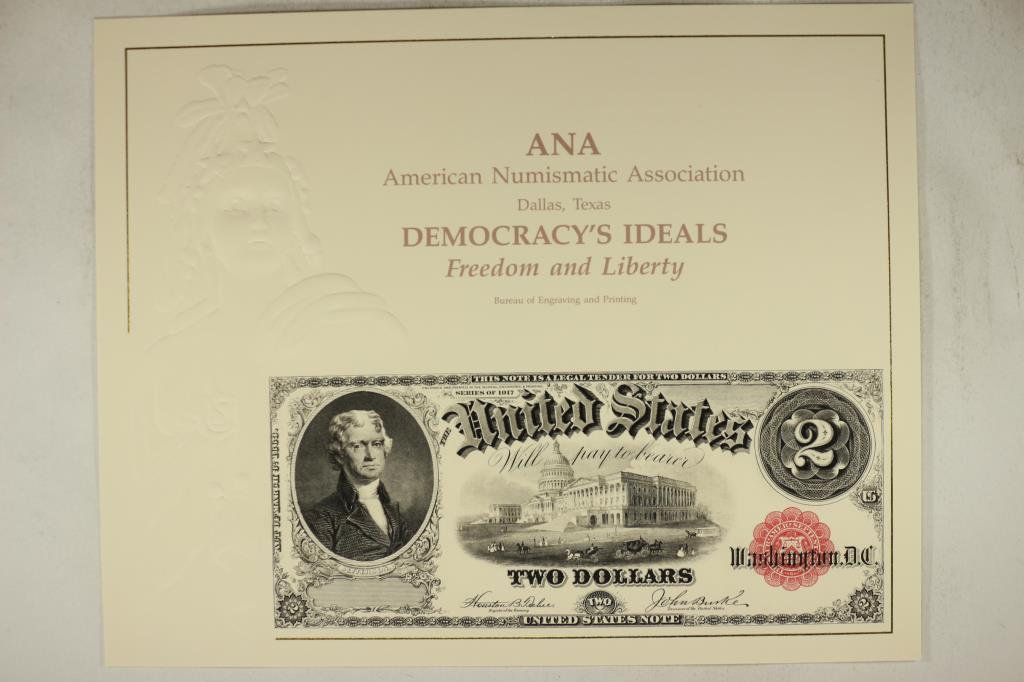 ANA DALLAS TEXAS SOUVENIR CARD FEATURING 1917: $2 US NOTE (FACE), PRINTED BY THE BUREAU OF ENGRAVING AND PRINTING