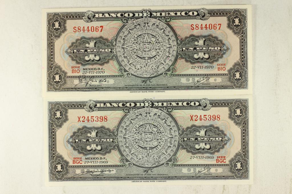 2 PIECES OF MEXICO 1 PESO BILLS WITH OVER STAMPS (1 of 2)