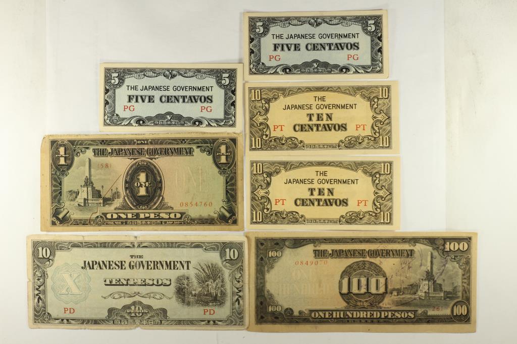 7 PIECES OF WWII JAPANESE INVASION CURRENCY: 2-5 CENTAVOS, 2-10 CENTAVOS, 1 PESO, 10 PESOS AND 100 PESOS