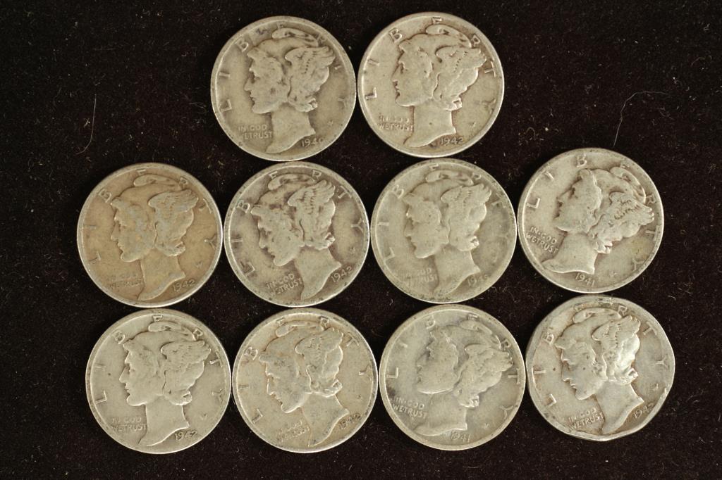 10 ASSORTED 1940'S MERCURY SILVER DIMES (1 of 2)
