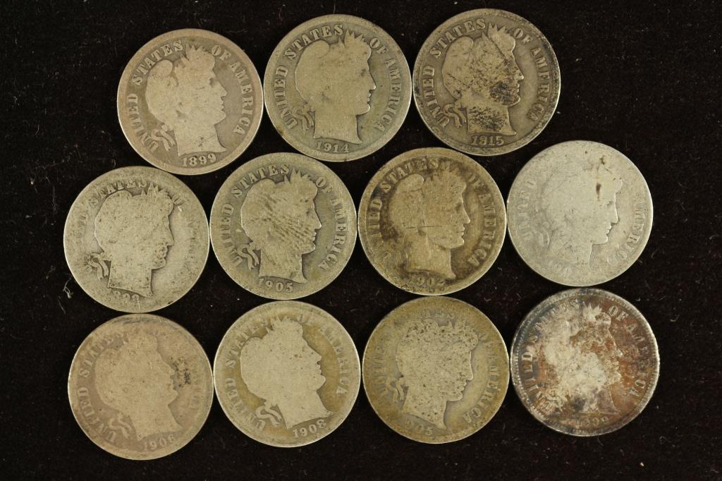 11 ASSORTED 1892-1915 BARBER DIMES (1 of 2)