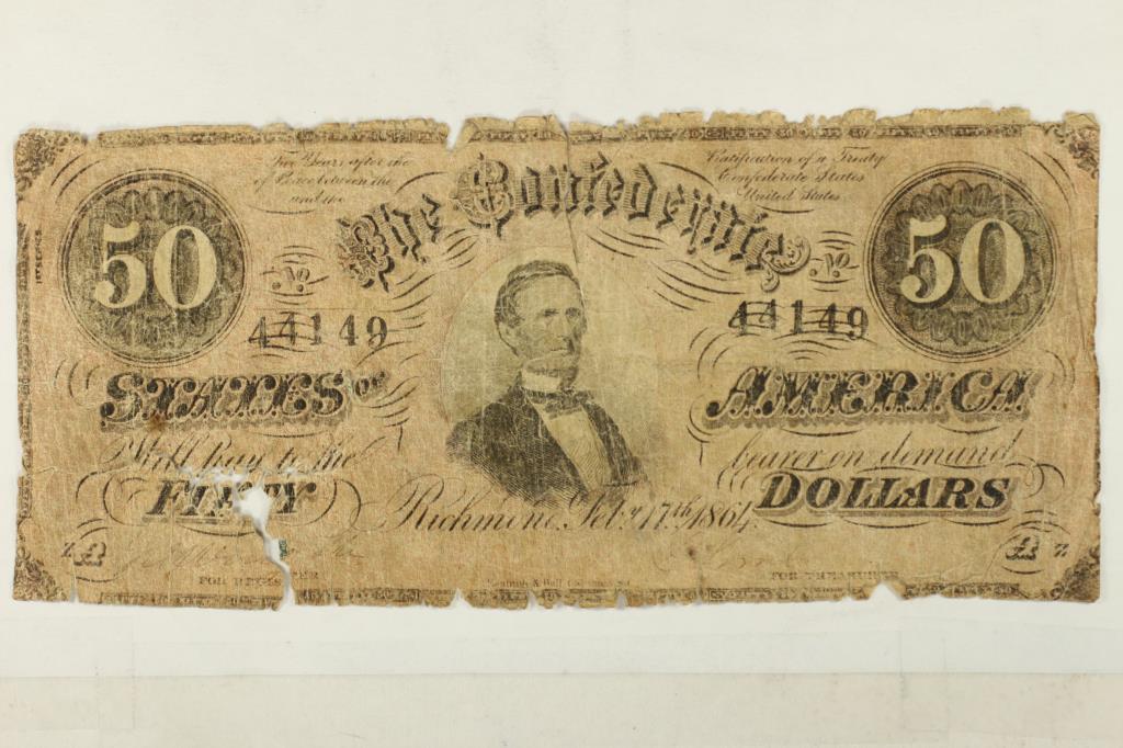 1864-$50 CONFEDERATE STATES OF AMERICA: (RAGGY) TORN