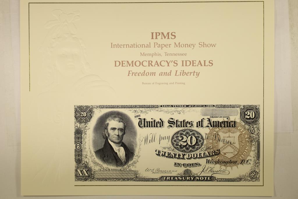 INTERNATIONAL PAPER MONEY SHOW SOUVENIR CARD: FEATURING 1890 $20 TREASURY NOTE (FACE) BY THE BUREAU OF ENGRAVING AND PRINTING