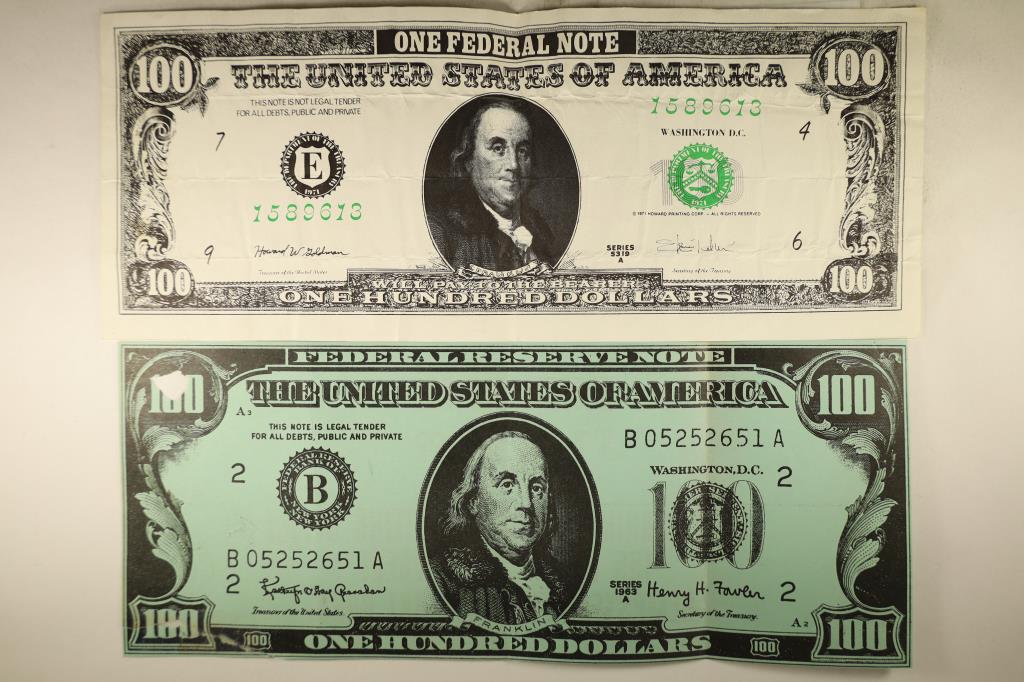 2 PIECES OF LARGE 5 3/8'' X 13 1/2'' NOVELTY: CURRENCY, REPAIRED TEAR AND HOLE ON GREEN BILL