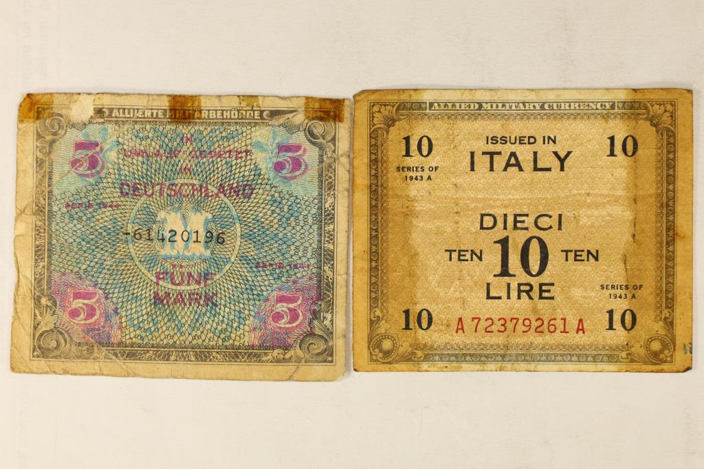 2-PIECES OF MILITARY CURRENCY, 1944 GERMAN 5 MARK: AND A 1943-A ITALY 10 LIRE