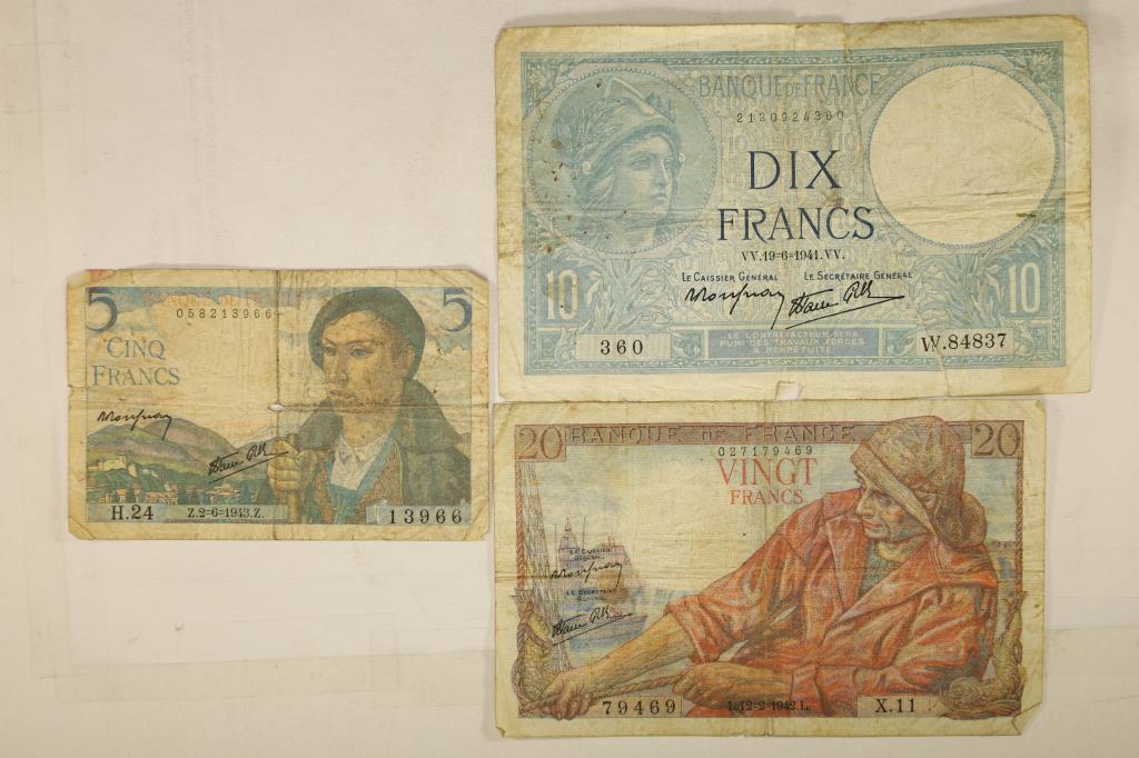 3 PIECES OF FRANCE CURRENCY 1943-5 FRANCS,: 1941-10 FRANCS (TAPED) AND 1942-20 FRANCS