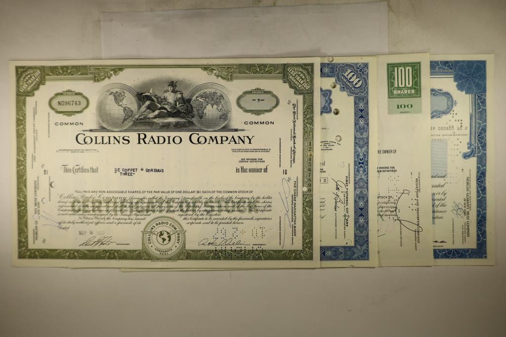 4 ASSORTED STOCK CERTIFICATES COLLINS RADIO (1 of 5)