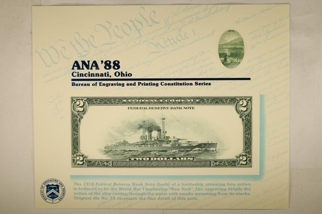 ANA '88 CINCINNATI, OHIO FEATURING THE BACK OF A: 1918 FEDERAL RESERVE NOTE OF A BATTLESHIP STEAMING INTO ACTION PRINTED BY THE BUREAU OF ENGRAVING AND PRINTING