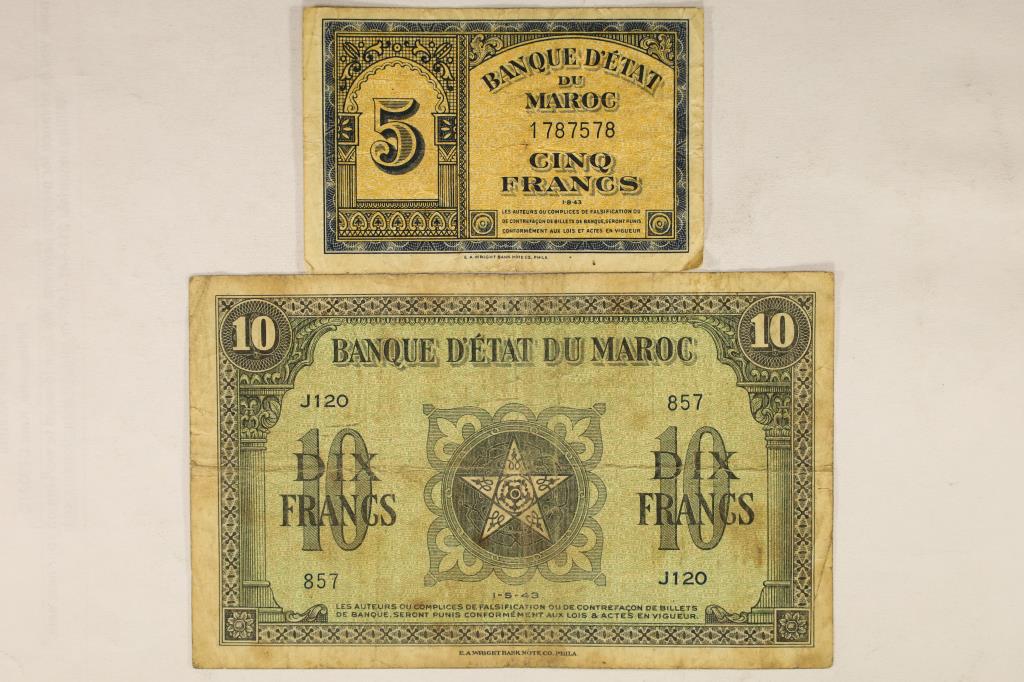 2 PIECES OF MOROCCO CURRENCY 1943-5 FRANCS AND: 1943-10 FRANCS