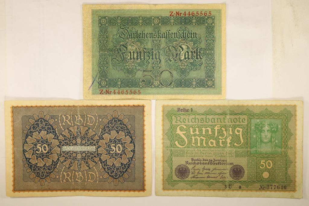 3 PIECES OF GERMAN CURRENCY 1914-50 MARKS AND (1 of 2)