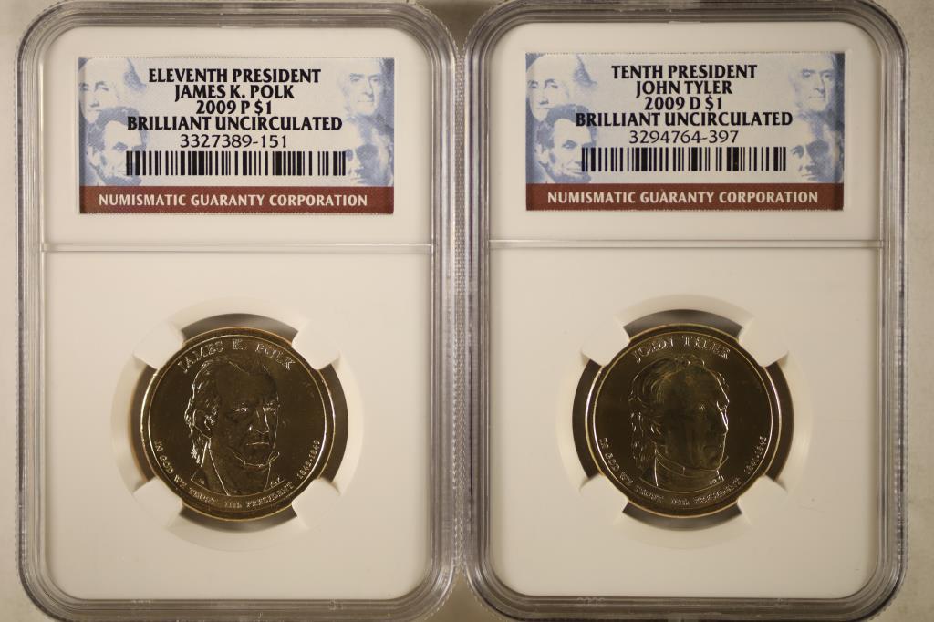 2009-D JAMES K. POLK $ & 2009-D JOHN TYLER: PRESIDENTIAL DOLLARS, BOTH NGC BRILLIANT UNCS