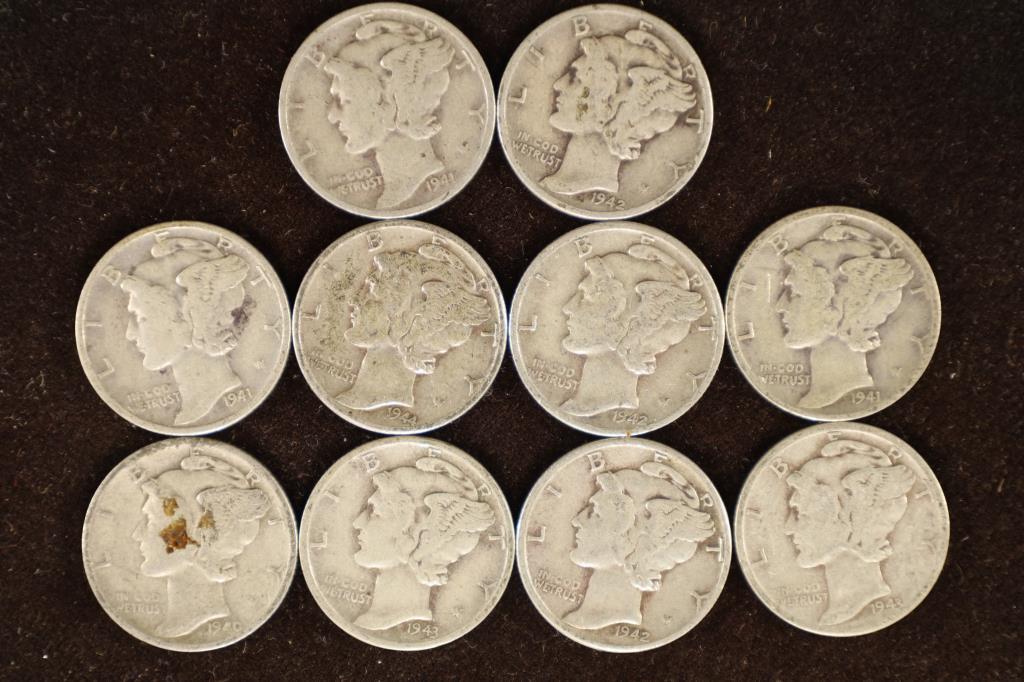 10 ASSORTED 1940'S SILVER MERCURY DIMES (1 of 2)