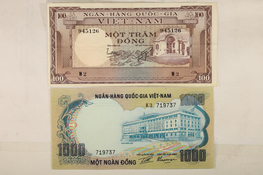 2 PIECES OF VIET-NAM CURRENCY 100 DONG AND: 1000 DONG CRISP UNC