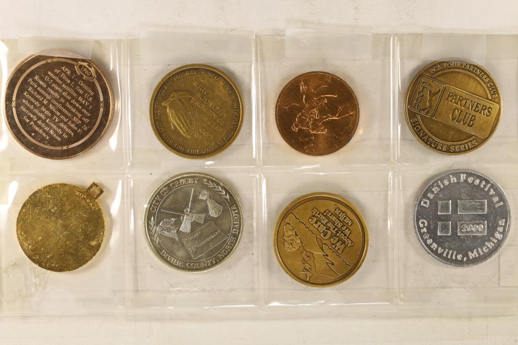8 ASSORTED TOKENS NIXON / KENNEDY TV DEBATE,: FUZY ZOELLER TOKEN, EARTH DECADE, JOHN WAYNE TOKEN, CITY OF CROSBY AND OTHERS