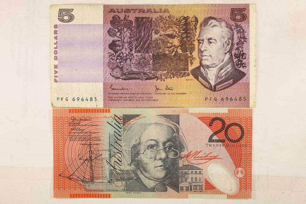 2 PIECES OF AUSTRALIA CURRENCY $5 AND A $20: WATCH FOR OUR NEXT AUCTION ON MONDAY NOV. 29TH, 2021 AT 7 PM EST