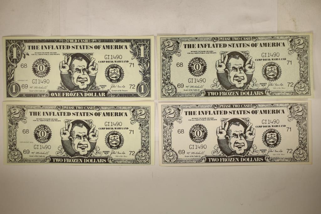4 PIECES OF OVERSIZED INFLATED STATES OF AMERICA: CURRENCY SERIES 1971 & 1972 $1 AND 3-$2 CRISP UNC