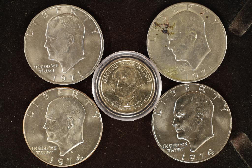 5 US DOLLARS: 2-1971 IKE DOLLARS, 2-1974 IKE: DOLLARS AND 2007 WASHINGTON DOLLAR