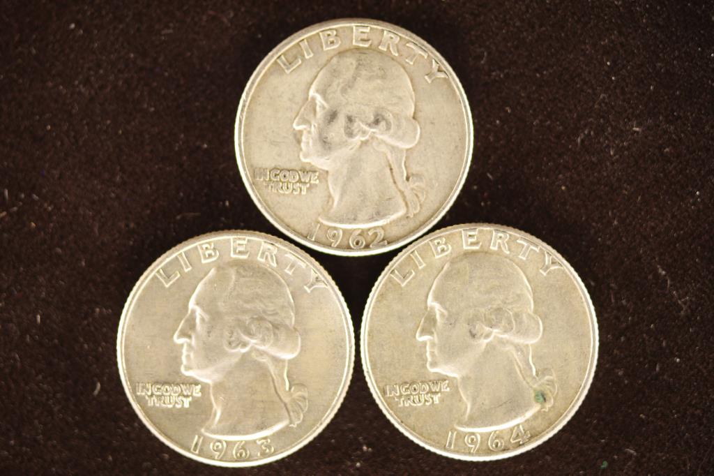 1962-D, 63-D & 1964 WASHINGTON SILVER QUARTERS (1 of 2)