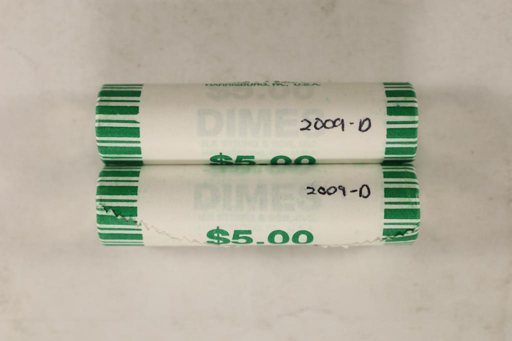 2-$5 ROLLS OF BU 2009-D'S ROOSEVELT DIMES: WATCH FOR OUR NEXT AUCTION ON MONDAY DEC. 27TH, 2021.