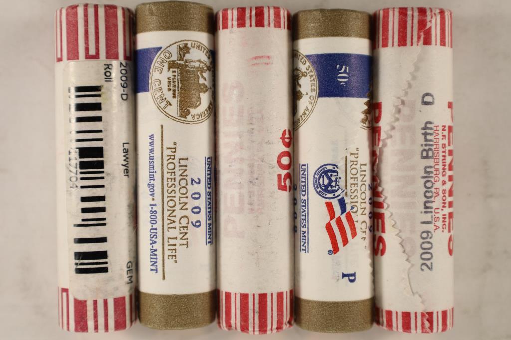5-50 CENT ROLLS OF LINCOLN CENTS BRILLIANT UNC (1 of 1)