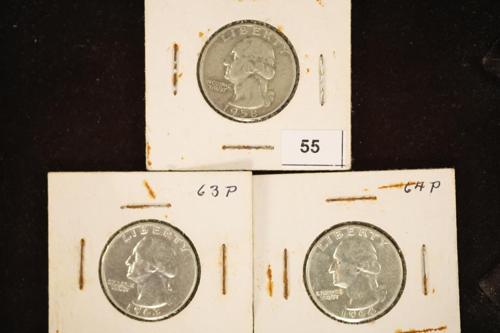 1958-D, 1963-P & 1964-P WASHINGTON SILVER QUARTERS (1 of 2)