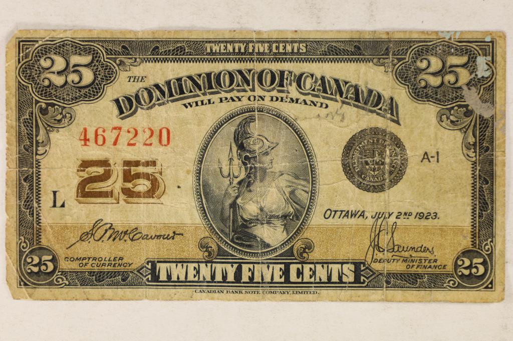 1923 DOMINION OF CANADA 25 CENT FRACTIONAL BILL: WATCH FOR OUR NEXT AUCTION ON MON. JAN. 3RD, 2022 AT 7 PM EST.