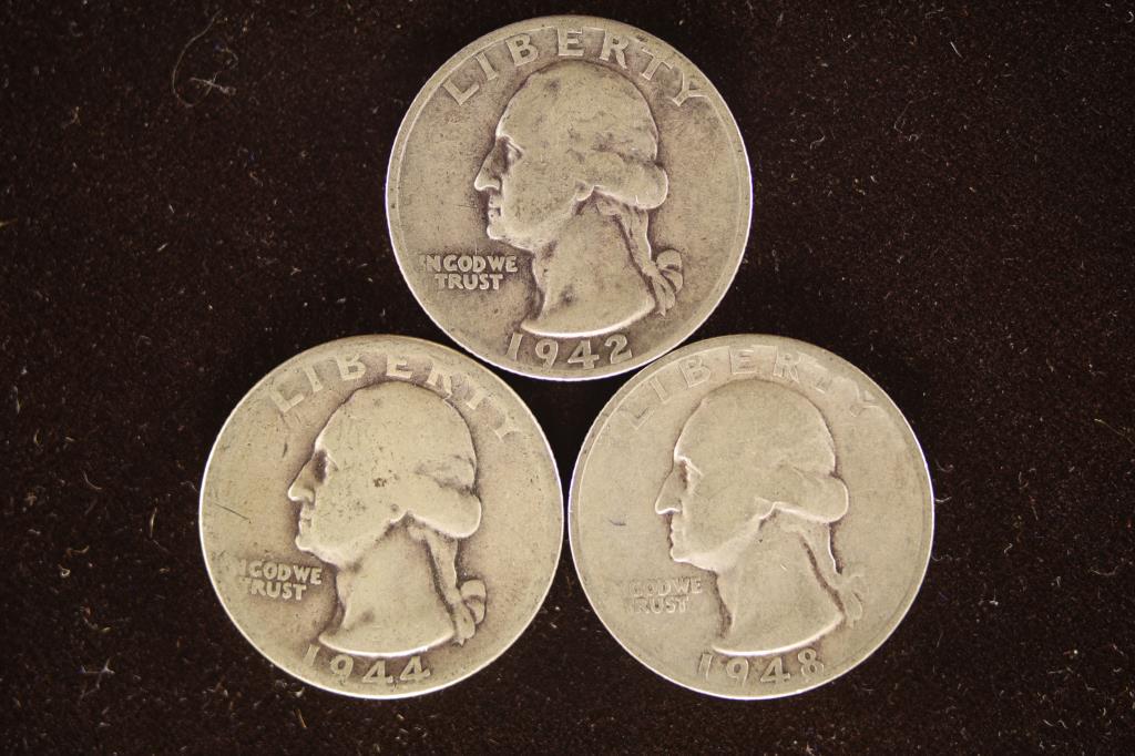 1942-S, 1944 & 1948-S WASHINGTON SILVER QUARTERS (1 of 2)