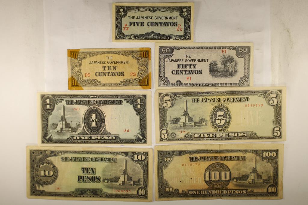 7 PIECES OF WWII JAPANESE INVASION CURRENCY: 5 CENTAVOS, 10 CENTAVOS, 50 CENTAVOS, 1 PESO, 5 PESOS, 10 PESOS AND 100 PESOS