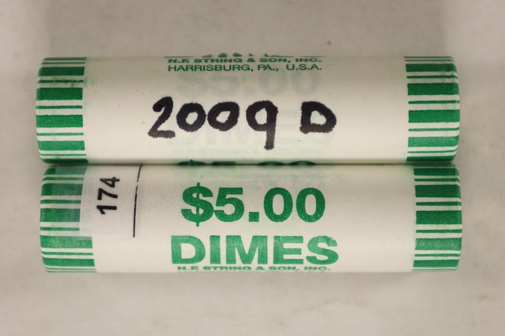 2-$5 ROLLS OF BRILLIANT UNC 2009-D ROOSEVELT DIMES: WATCH FOR OUR NEXT AUCTION ON MON. JAN. 3RD, 2022 AT 7 PM EST.