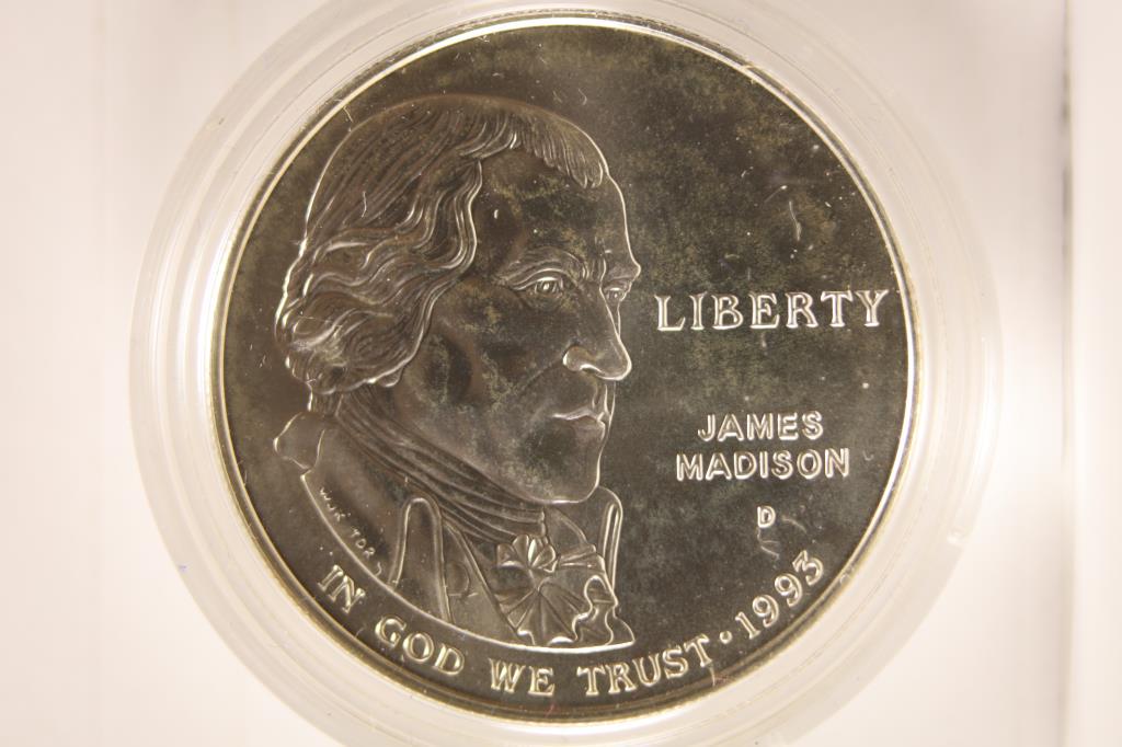 1993-D JAMES MADISON BILL OF RIGHTS BRILLIANT UNC: SILVER DOLLAR IN CAPSULE