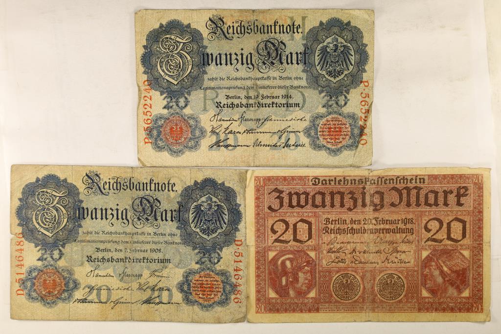 GERMANY 1908 20 MARKS, 1914-20 MARKS AND 1918: 20 MARKS