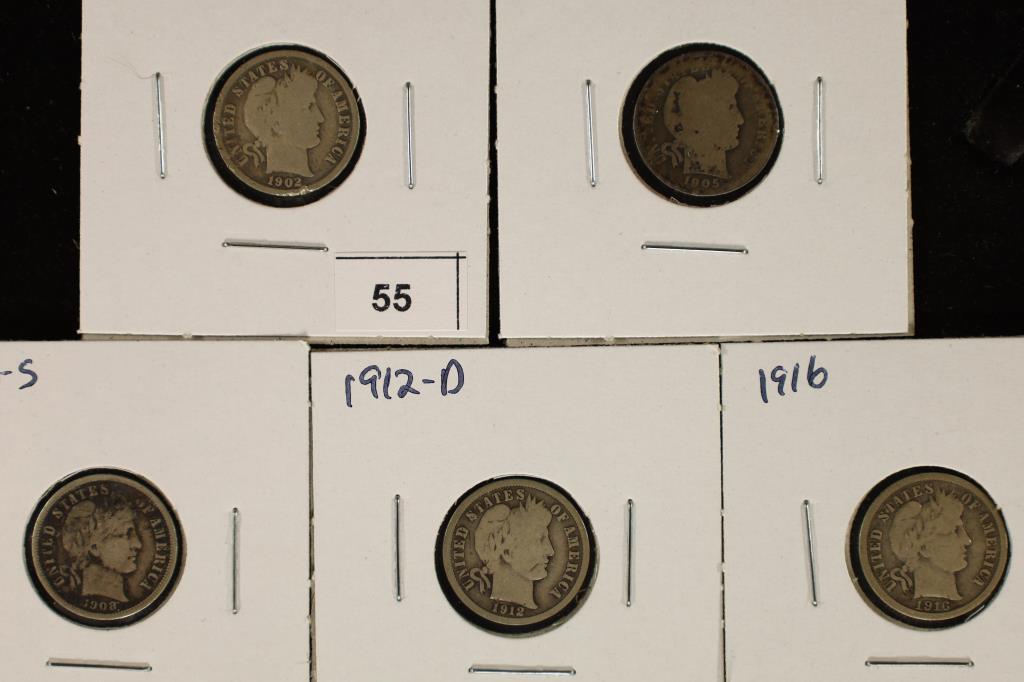 1902, 1905, 1908-S FN, 1912-D & 1916 BARBER DIMES (1 of 2)