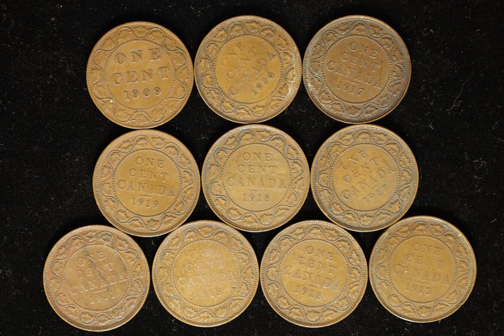 10 ASSSORTED 1909-1920 CANADA LARGE CENTS (1 of 2)