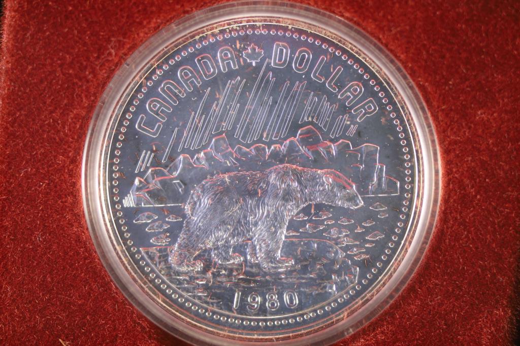 1980 CANADA POLAR BEAR SILVER DOLLAR PF: ORIGINAL ROYAL CANADIAN MINT PACKAGING, .3750 OZ. ASW