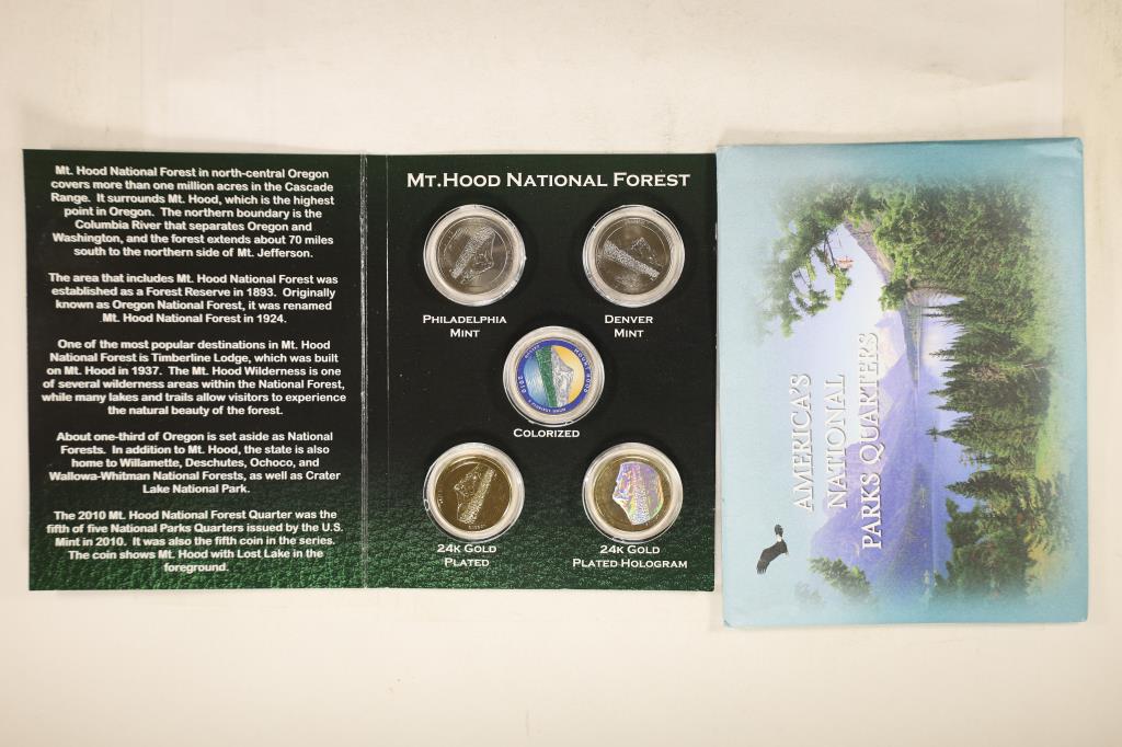 2010 MT. HOOD NATIONAL PARK QUARTERS SET: P & D, COLORIZED, 24KT GOLD PLATED AND 24KT GOLD PLATED HOLOGRAM