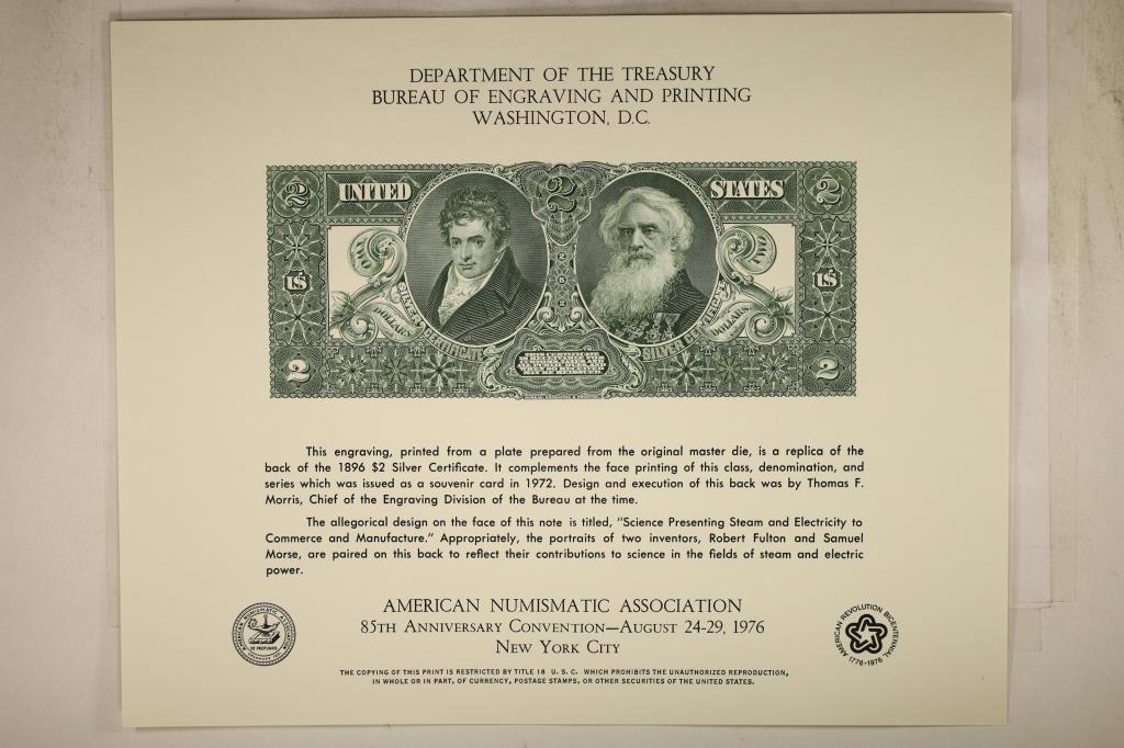 AMERICAN NUMISMATIC ASSOCIATION 85TH ANNIVERSARY: CONVENTION 1976 NEW YORK CITY SOUVENIR CARD. FEATURING ENGRAVING OF THE REVERSE OF THE 1896 $2 SILVER CERTIFICATE ORIGINAL BEP PACKAGING