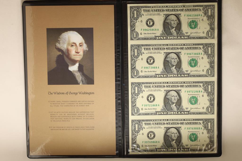 2003-A UNCUT SHEET OF 4 $1 FRN'S CRISP UNC IN: FOLIO AND CERTIFICATE