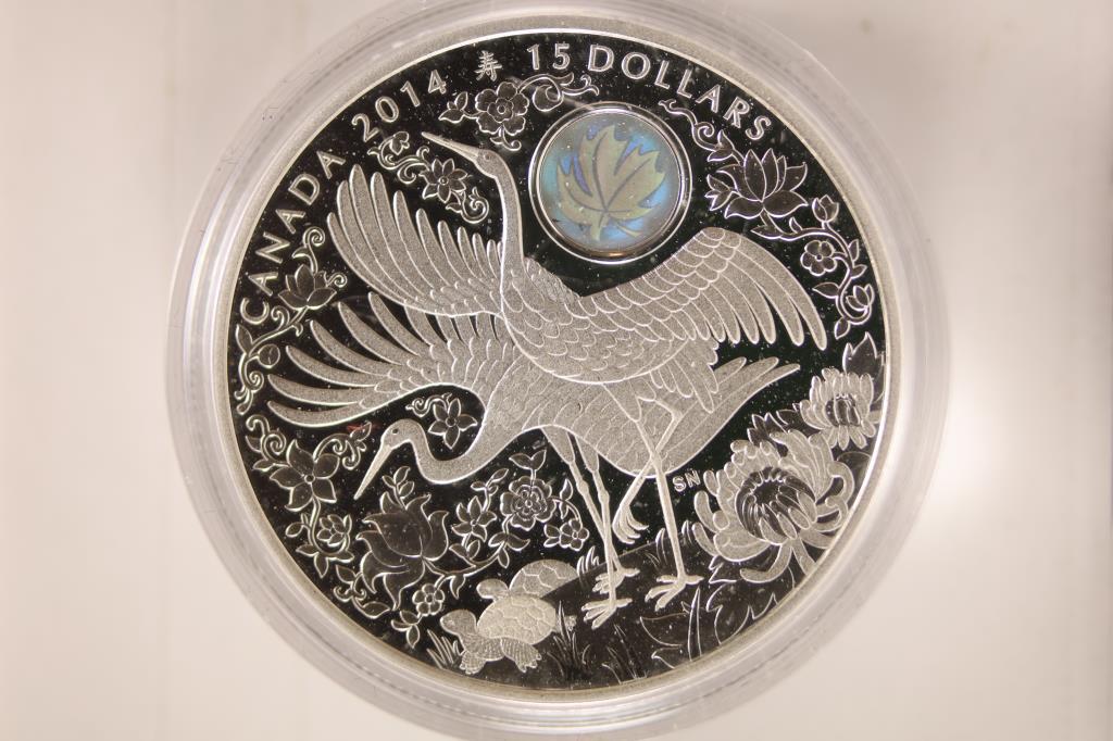 2014 CANADA SILVER $15 MAPLE OF LONGEVITY-CRANES: .9999 SILVER WITH HOLOGRAM